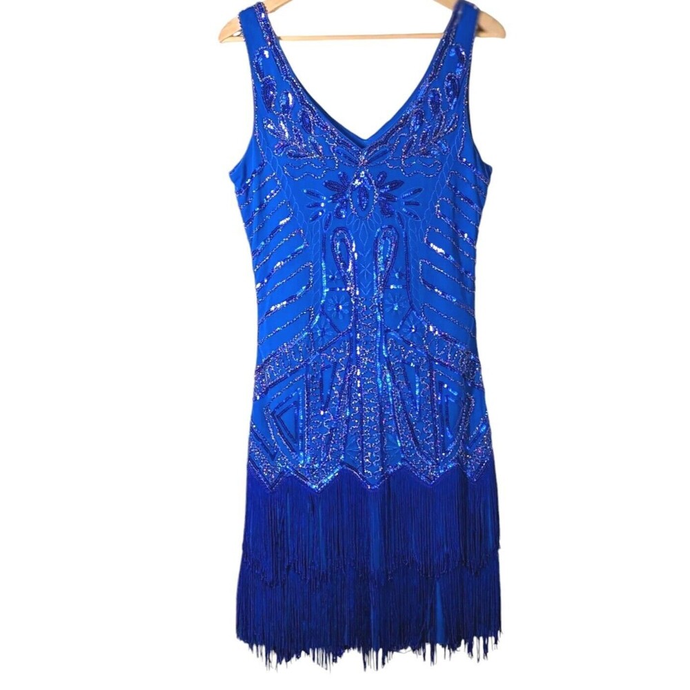 Blue Beaded Fringe V-Neck Women's Dress